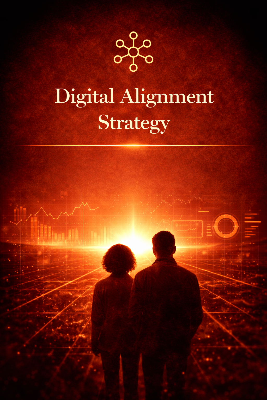 Two people stand at sunset overlooking a digital cityscape with graphs and charts, with the title 'Digital Alignment Strategy' and a network icon at the top.