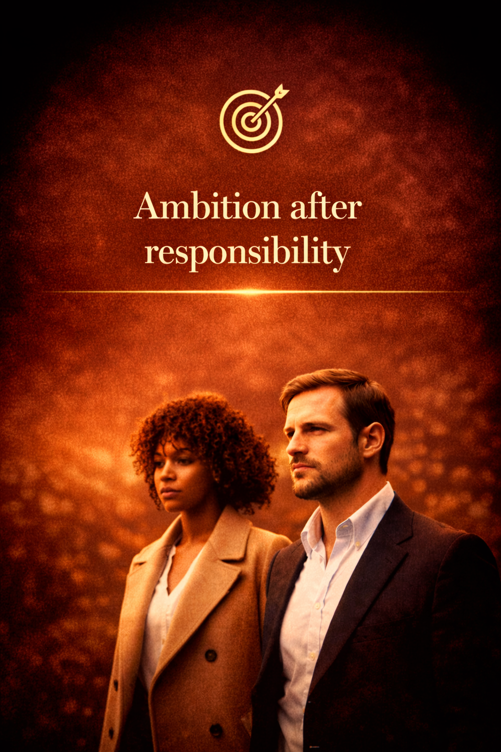 Two serious-looking professionals, a woman with curly hair and a man with short hair, dressed in business attire, stand with a dark textured background. A golden target icon with an arrow above the text "Ambition after responsibility" is at the top of the image.