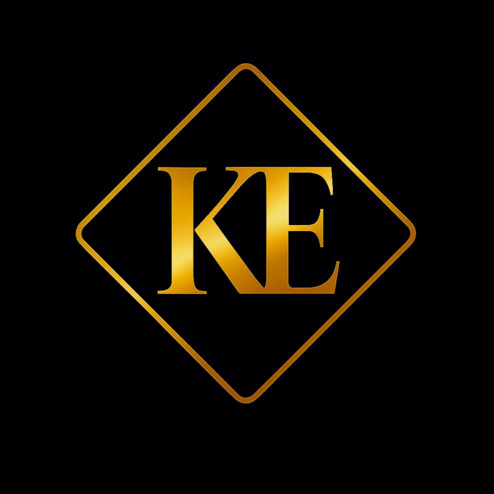 Gold letters 'KE' inside a gold diamond-shaped border on a black background.