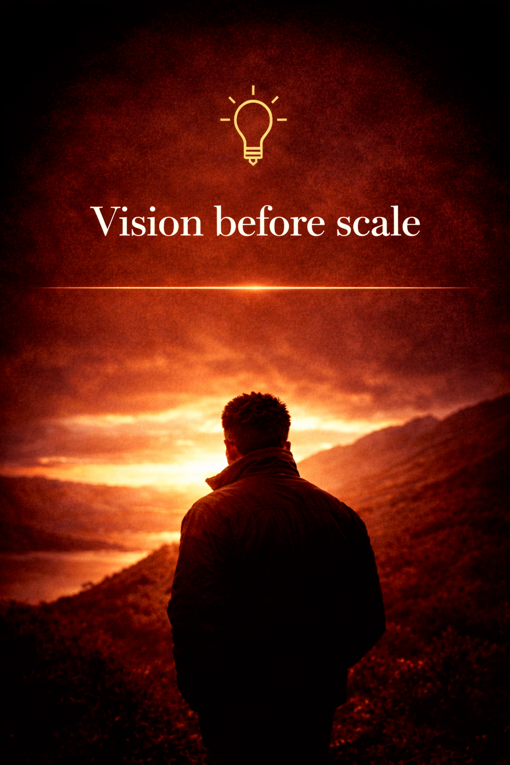 A person standing outdoors at sunset overlooking mountains, with the text 'Vision before scale' and a lightbulb icon above.