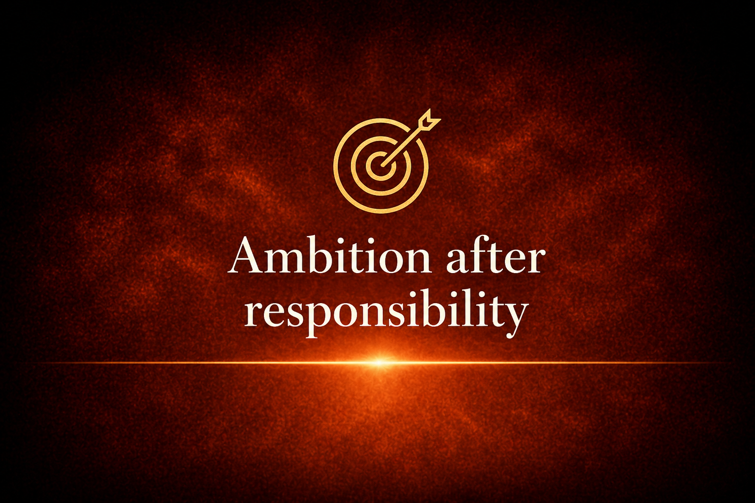 Two serious-looking professionals, a woman with curly hair and a man with short hair, dressed in business attire, stand with a dark textured background. A golden target icon with an arrow above the text "Ambition after responsibility" is at the top of the image.