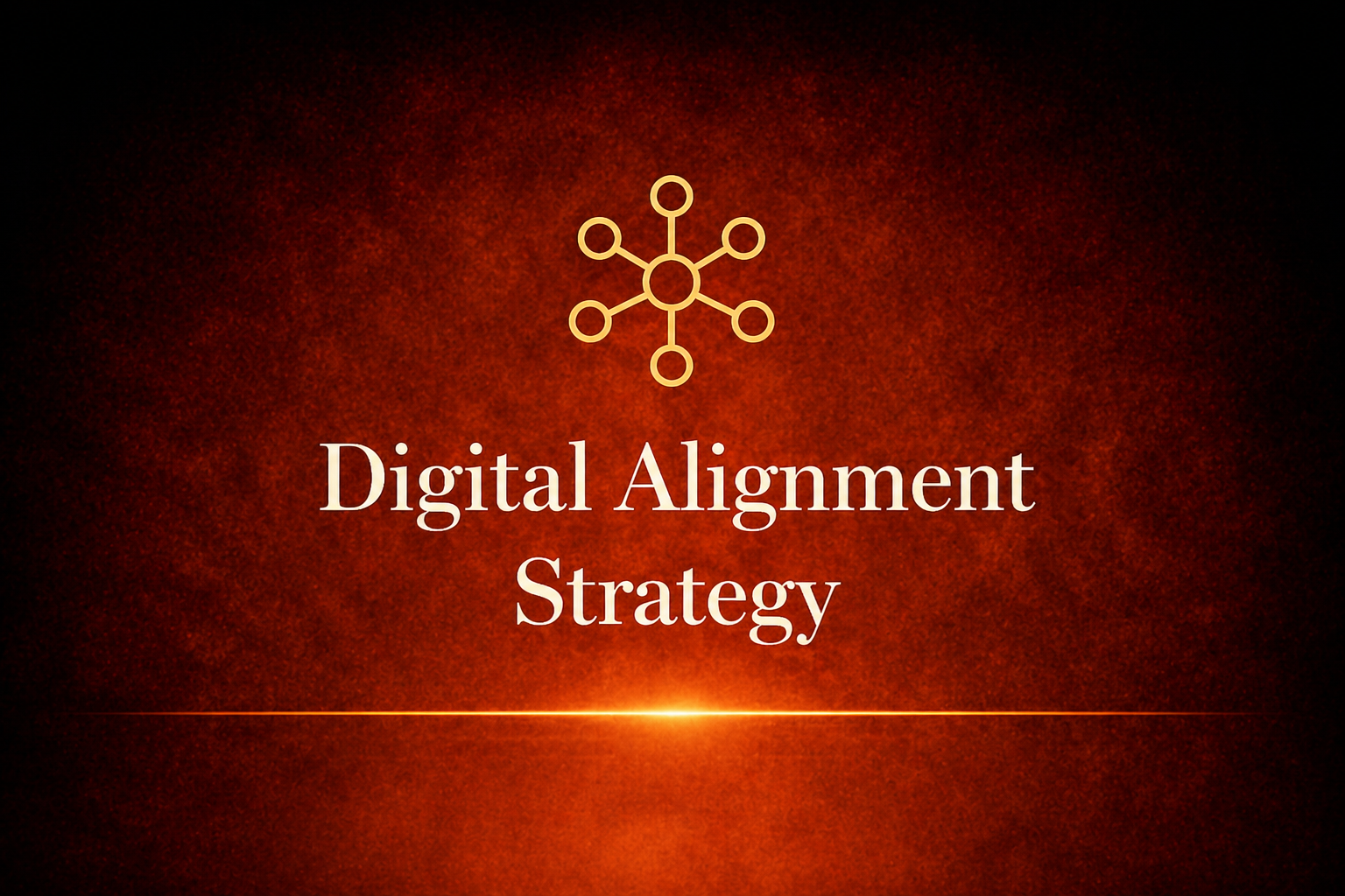 Two people stand at sunset overlooking a digital cityscape with graphs and charts, with the title 'Digital Alignment Strategy' and a network icon at the top.