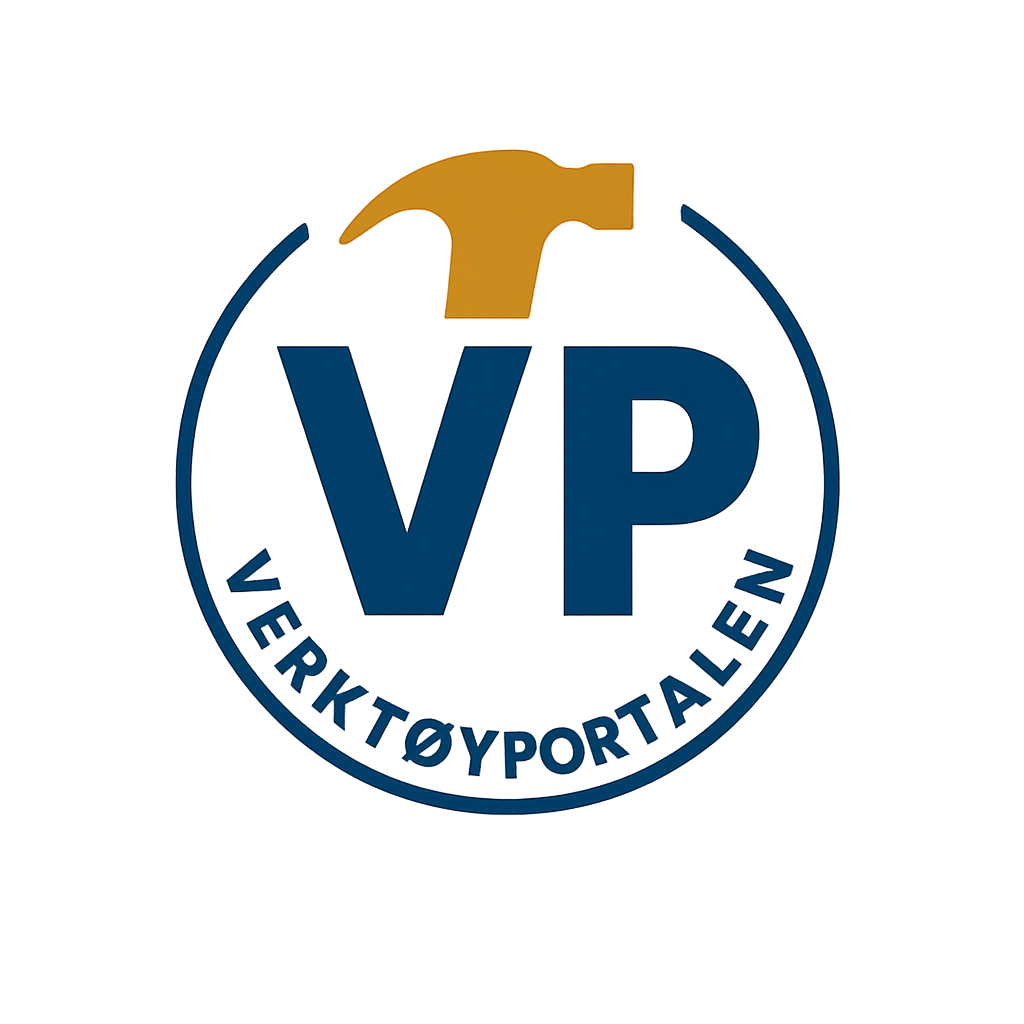 En logo for Verktøyportalen, med et bilde av en hammer over tekst skrevet i blått med navnet på nettstedet rundt i en ring.