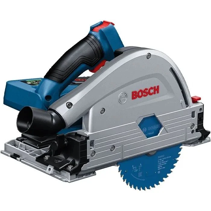 Bordgående sag med blå og grå farger, merket med Bosch, brukt til kutting av tre eller andre materialer.