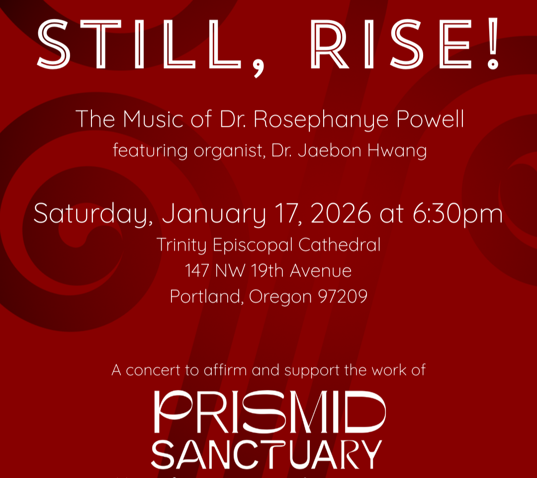 Black curly shapes on a deep red background. Text in white: Still, Rise! The Music of Dr. Rosephanye Powell