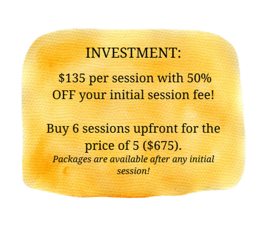 Text on a yellow-orange watercolor background providing information about investment sessions, including pricing and package details.