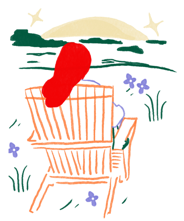 Colorful line drawing of a garden scene with a wooden bench, an open box, purple flowers, a large red flower, a green bush, and a white bird flying in the sky above a pond or lake.