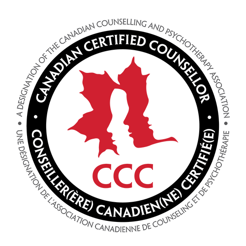 Logo for Canadian Certified Counselor (CCC) with maple leaf silhouette and profile of a woman and man