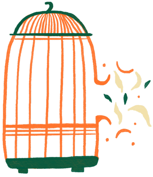 Illustration of an orange birdcage with a green top, next to a potted plant with green leaves.