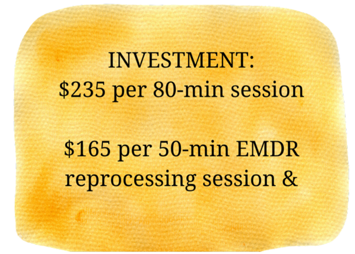 Details about investment options, priced at $235 for an 80-minute session and $165 for a 50-minute EMDR reprocessing session, on a textured yellow-orange background.