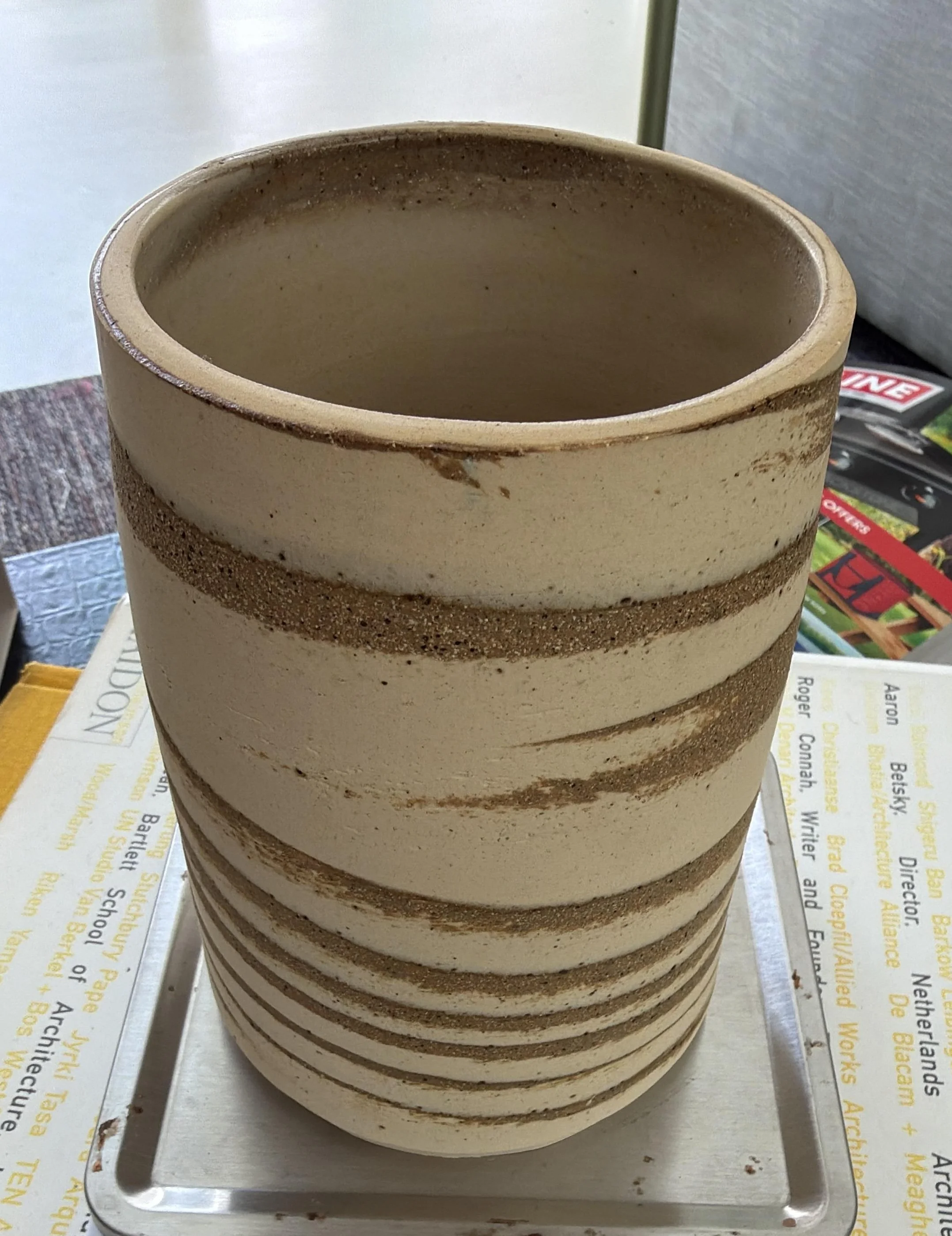 Ceramic Vase with Horizontal Lines | Handcrafted Design in Neutral Tones