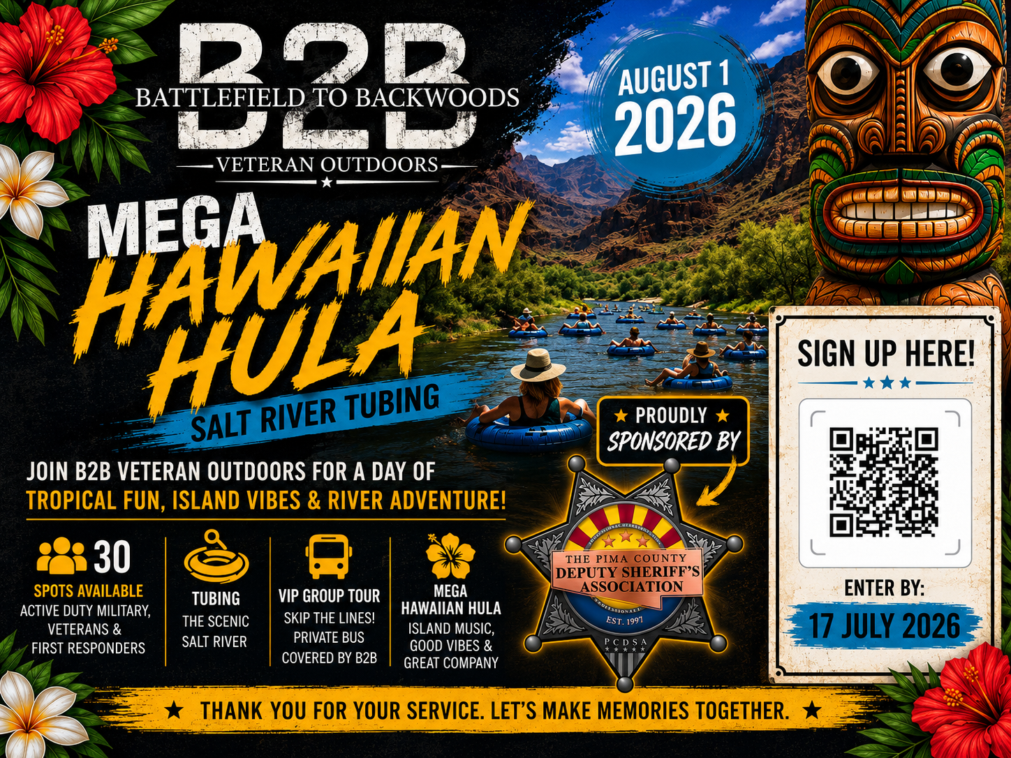 Event advertisement for B2B Veteran Outdoors Mega Hawaiian Hula Salt River Tubing event on August 1, 2026, featuring a river scene with people floating on inner tubes, a Hawaiian tiki statue, tropical flowers, and event details including registration instructions and sponsor information.