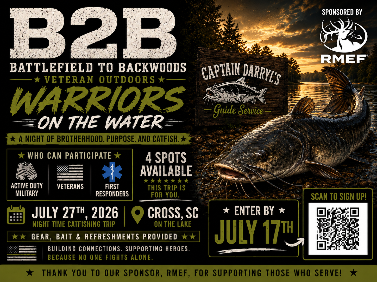 A promotional flyer for the Warrior on the Water fishing event sponsored by RMEF. The flyer features a large image of a catfish on a rocky shore at sunset, with event details including date, location, eligibility, and sign-up QR code. The background includes trees and a sunset sky.