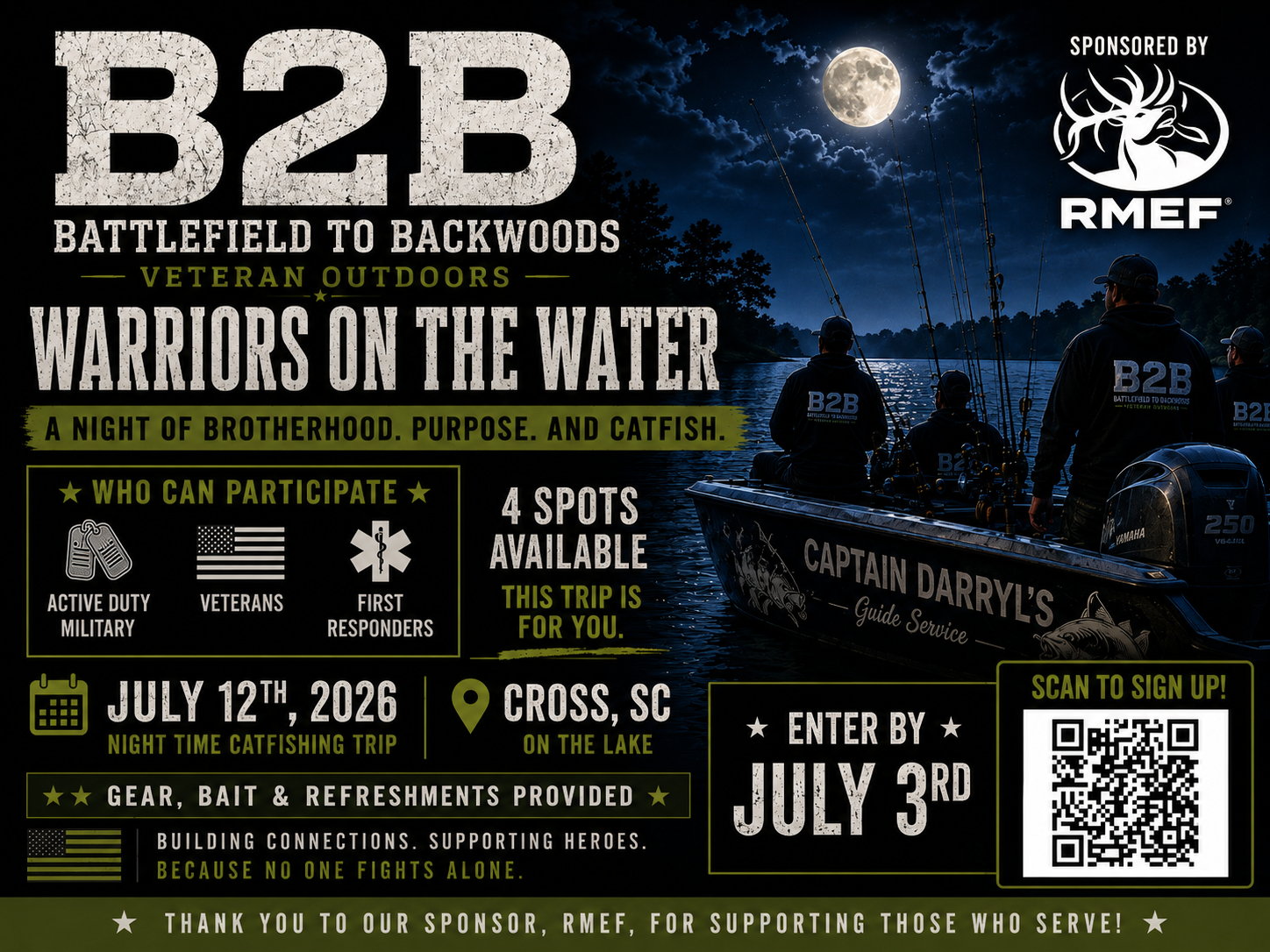 Nighttime outdoor fishing event flyer on a lake with people in a boat, moonlit sky, promotional text for an event supporting veterans and military personnel, details include date, location, and sign-up QR code.