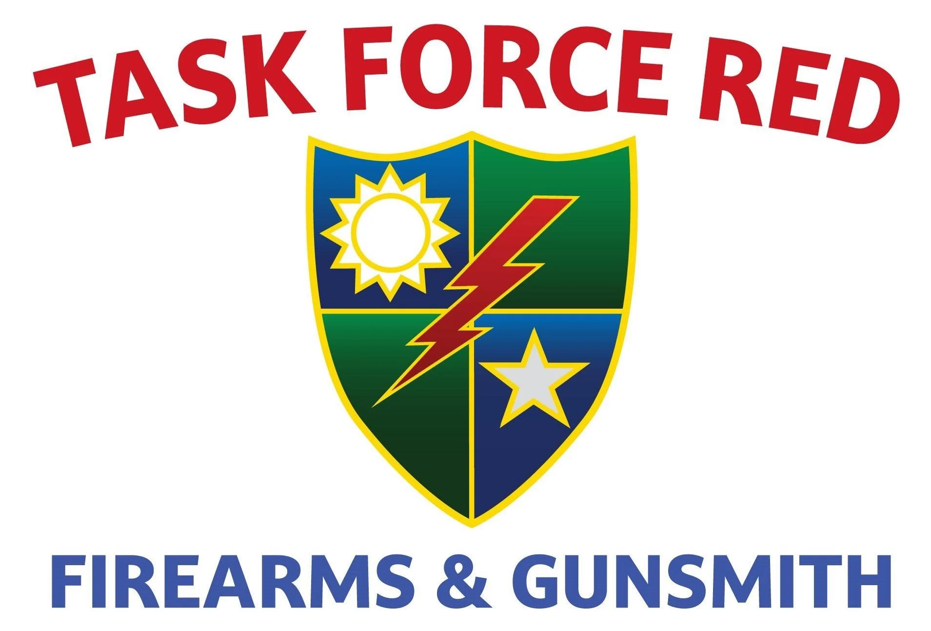 The logo of Task Force Red Firearms & Gunsmith features a shield divided into four quadrants with a sun and star in blue and yellow, a lightning bolt, and a star, with the text 'TASK FORCE RED' in red above and 'FIREARMS & GUNSMITH' in blue below.