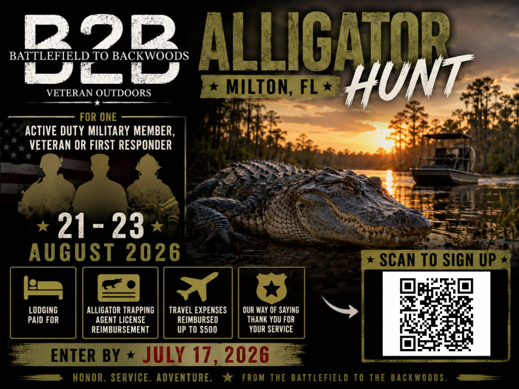 Poster for the Alligator Hunt in Milton, FL from August 21 to 23, 2026. Features an alligator in water at sunset with a boat, and includes details about eligibility, costs, and a QR code for sign-up.