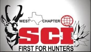 Logo featuring a deer, Texas map outline with 'West Chapter' text, and a globe with leaves, with the words 'SCI First for Hunters' in bold red and black.