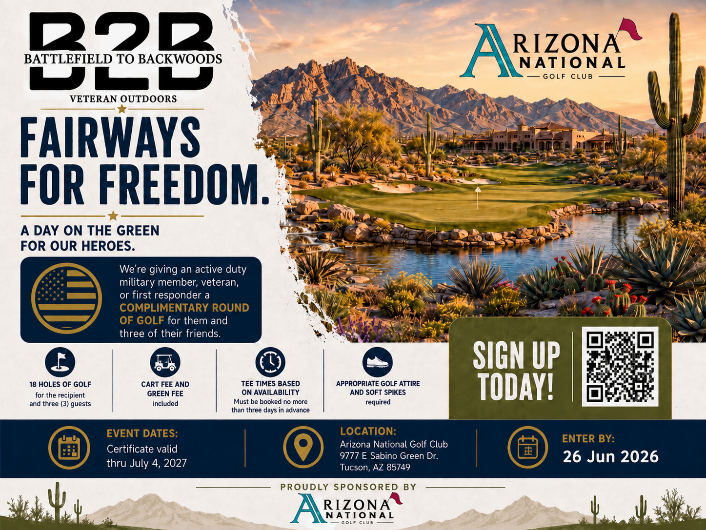 A promotional flyer for a golf event at the Arizona National Golf Club featuring desert landscape with mountains, cacti, and a golf course. The flyer highlights a veterans' event offering free rounds of golf, with details about event dates, location, and sign-up information.