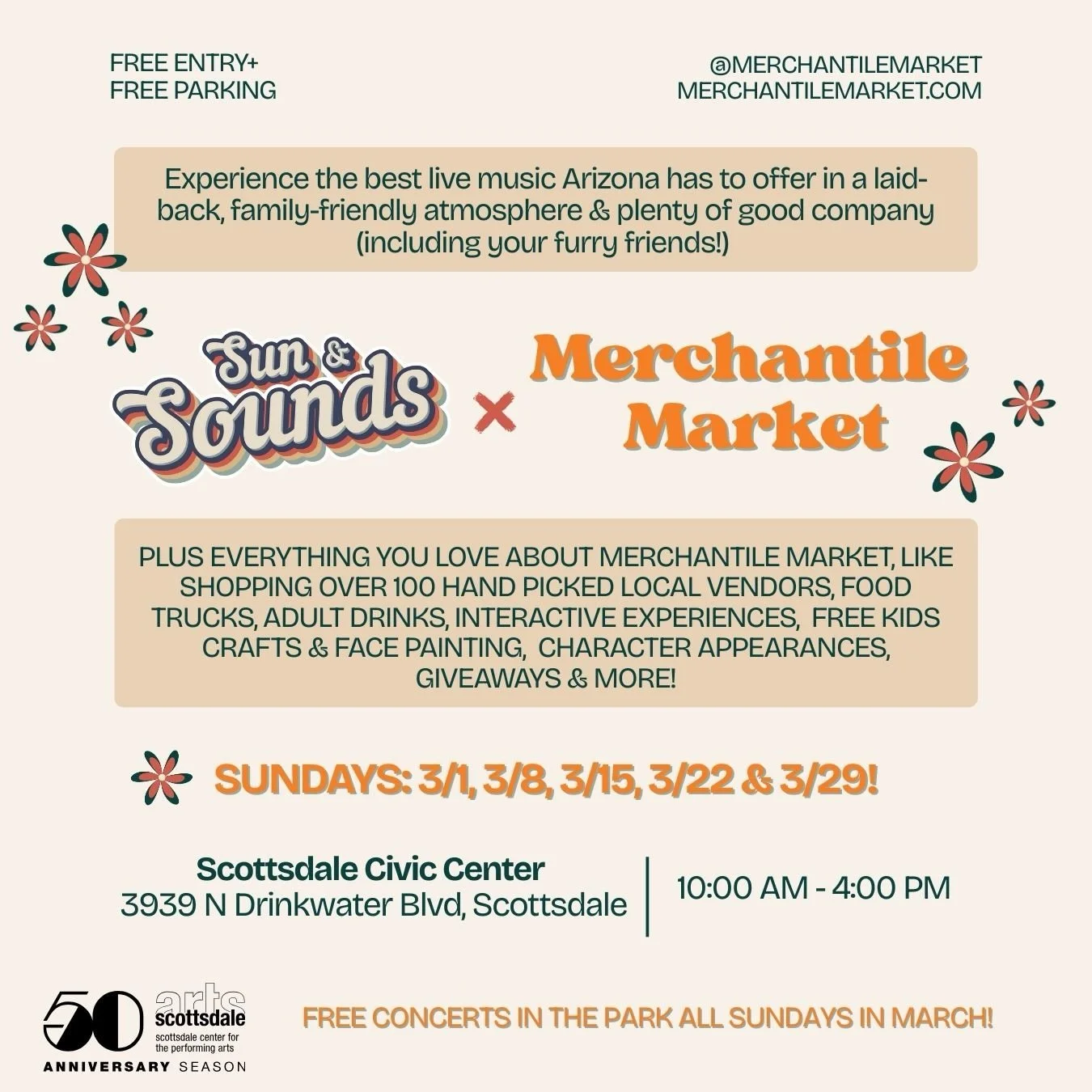 ✨ MARCH MARKETS AT SCOTTSDALE CIVIC CENTER ✨
Merchantile Market is taking over ALL month long! 🤍

We&rsquo;re popping up every Sunday in March in collaboration with @ScottsdaleArts Sun &amp; Sounds &mdash; PLUS our signature 2-DAY Spring Market to c