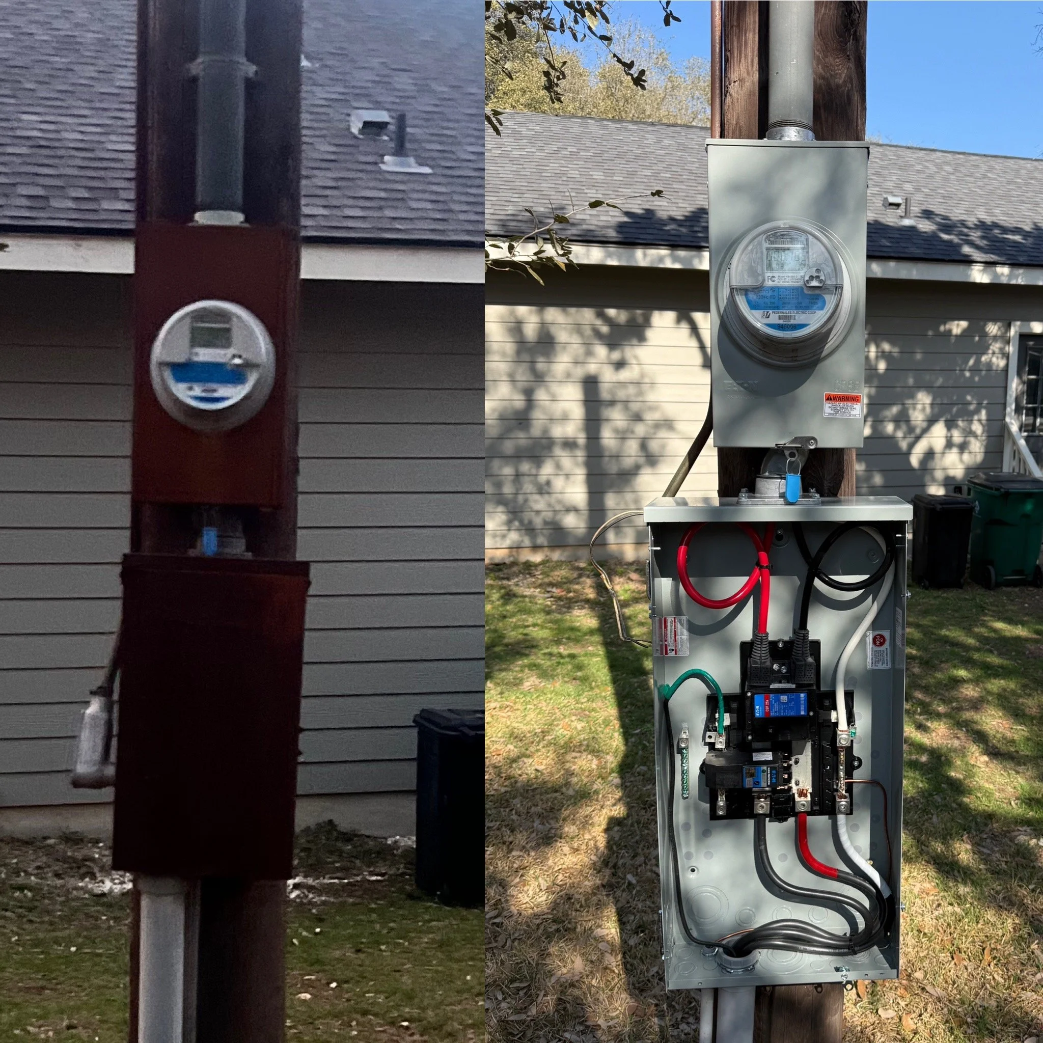 Side-by-side comparison of an outdated utility meter on a house and a modern, digital electric meter on a pole outside a house with a hardwood fence, blue sky, and trees in the background.
