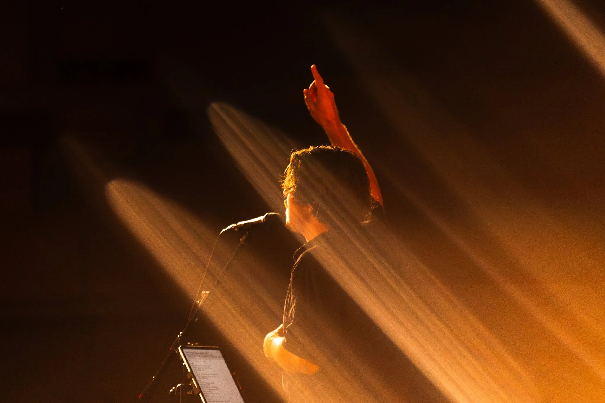 A person performing on stage at night, with one arm raised and a microphone in front, illuminated by warm stage lighting and lens flare.