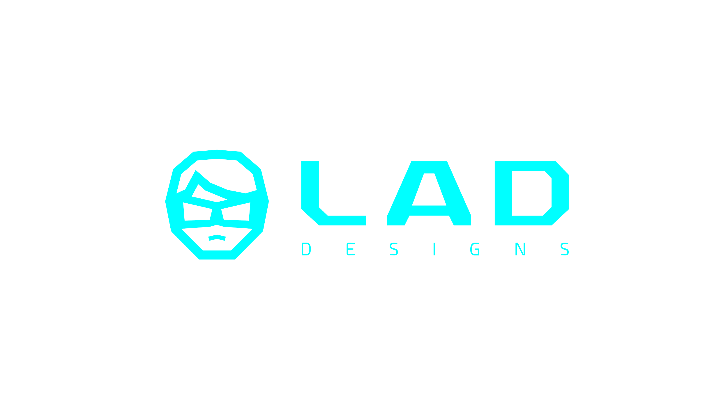 Logo for LAD Designs featuring a stylized face in a neon blue outline with the text 'LAD' in large neon blue letters and 'DESIGNS' beneath in smaller letters.