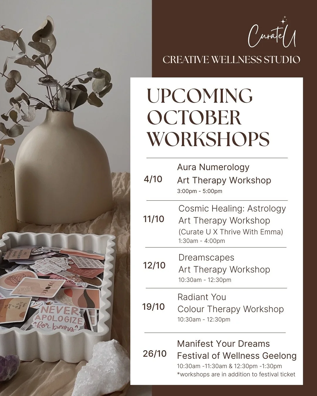 ✨ October at Curate U Studio ✨
This month is filled with soulful workshops to help you realign, express, and connect with your authentic essence. 🌙🎨💫

Here&rsquo;s what&rsquo;s coming up:
🤎 Sat 4th Oct &mdash; Awaken Your Aura NUMEROLOGY
🤎 Sat 1