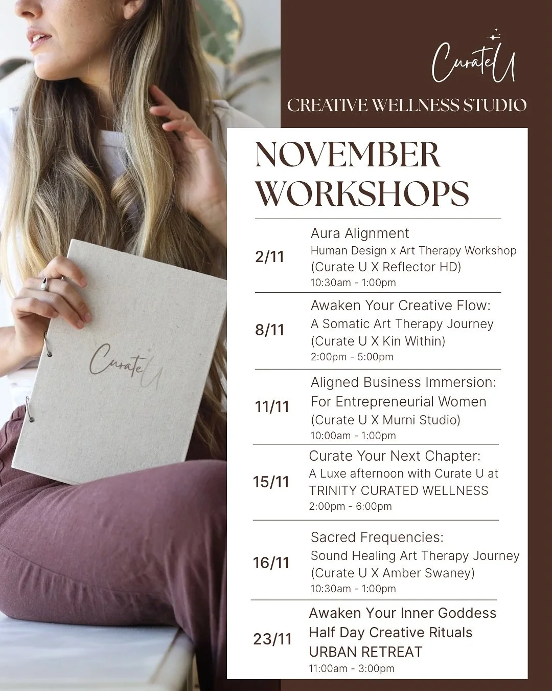 🌸 November at Curate U | A Month of Soulful Creation, Connection &amp; Alignment 🌸

This month is full of beautiful collaborations - deep healing, creative flow, and divine connection. 
Whether you&rsquo;re seeking alignment, self-expression, or so