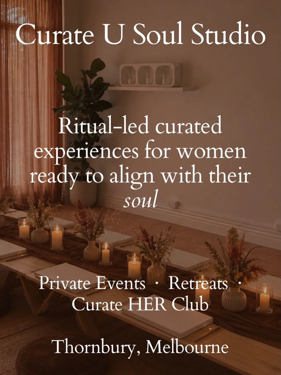 A space that meets you where you are at.

For intimate gatherings, wholesome connection, soul rituals and creative expression.

A place I have curated from my heart and passion. Sometimes I forget to pause and appreciate the space I have built and th
