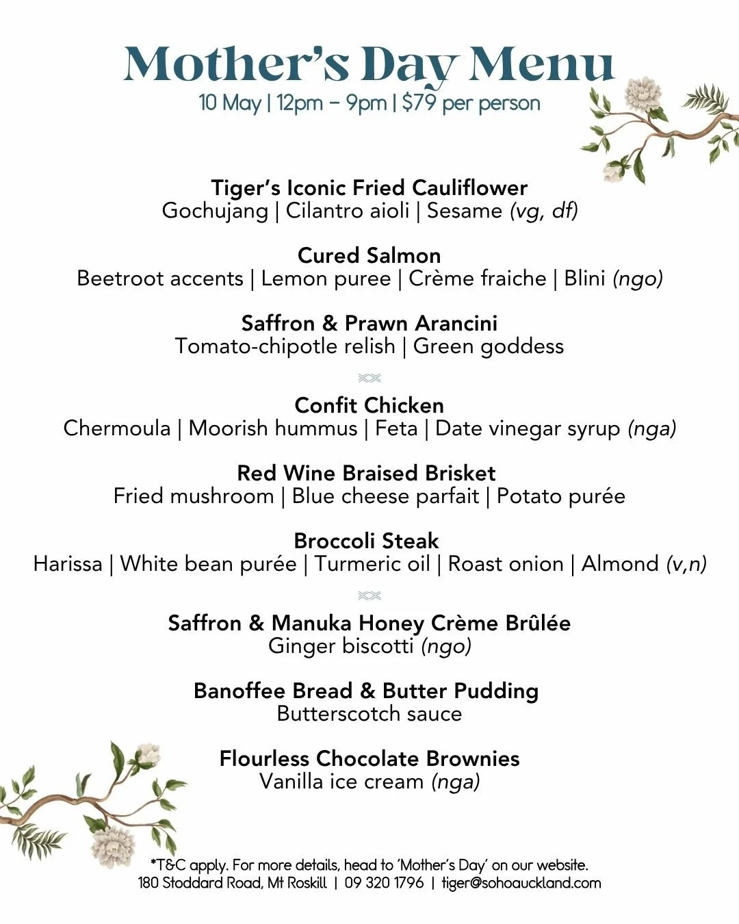 Tiger's 3-course menu for Mother's Day