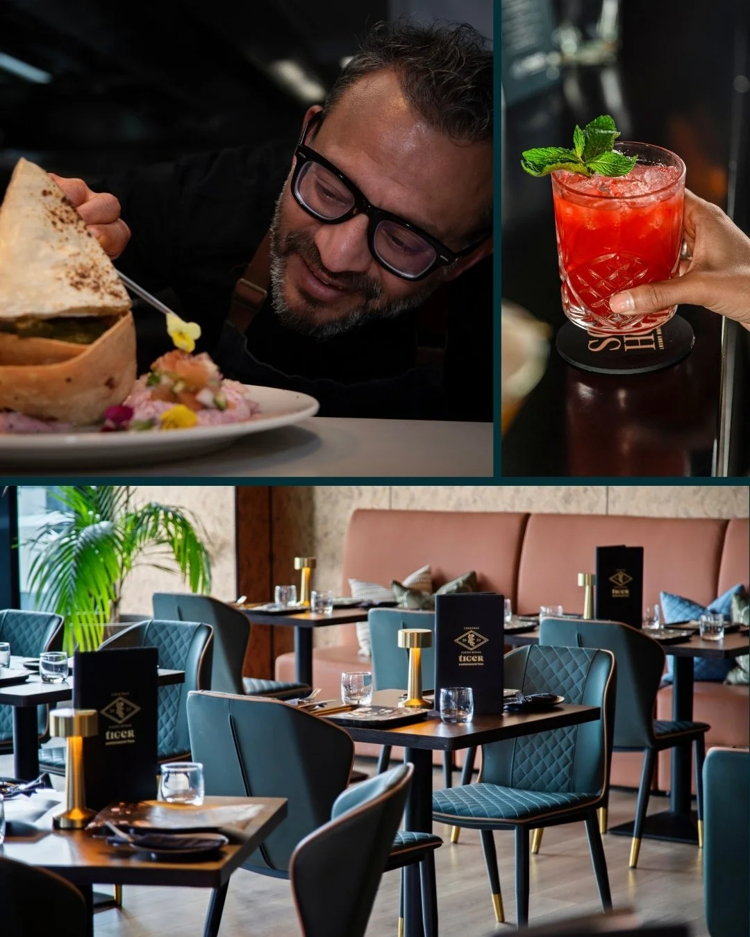 A grid image showcasing the best of Tiger. On the left, Chef Dev is preparing a dish. On the right, a glass of juice, On the bottom, Tiger restaurant's table setup.