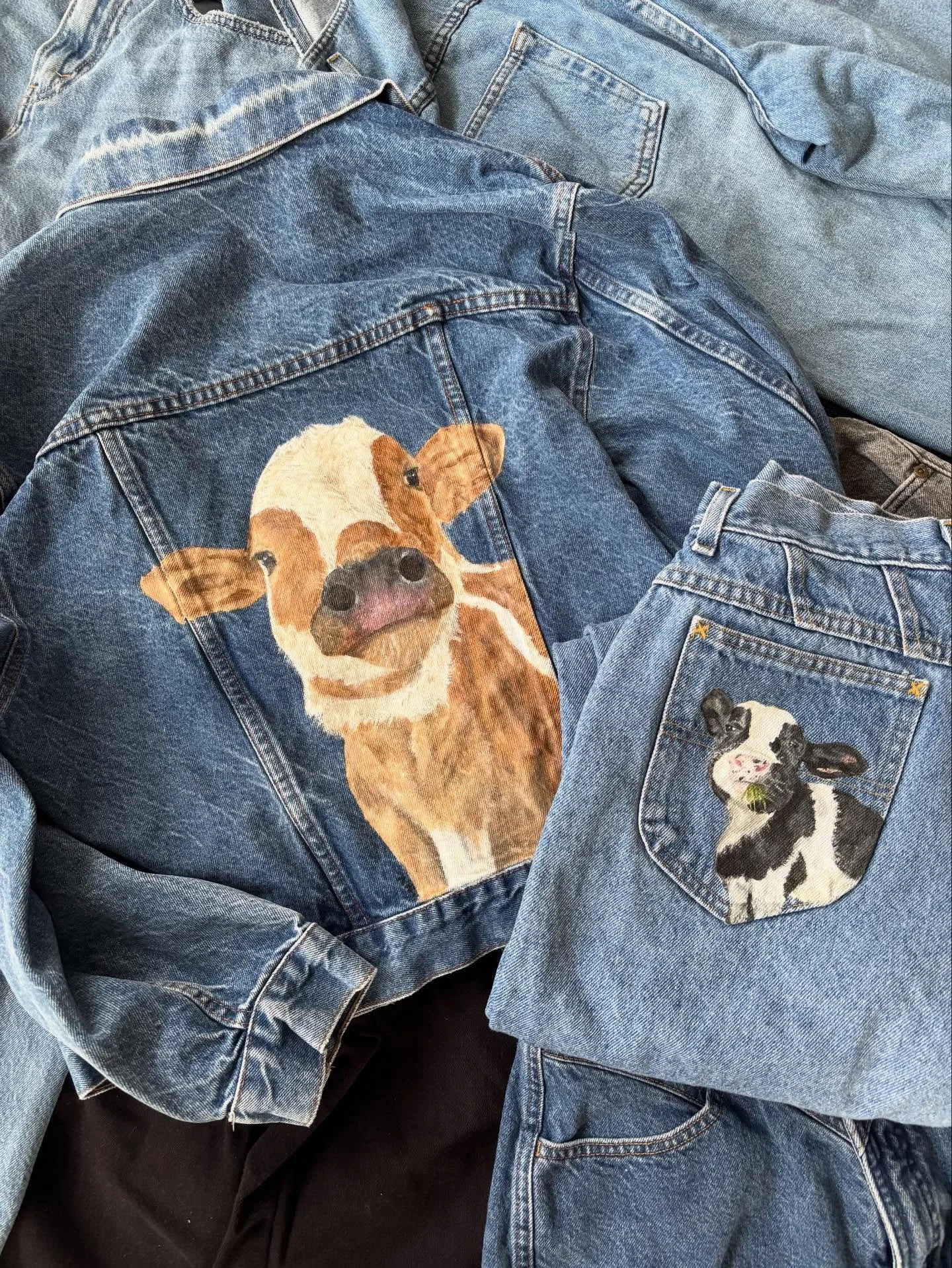 A few of the pieces that will be available TOMORROW @materialthingsstudio Holiday Extravaganza!!!🐮🍒👖☃️

Can&rsquo;t wait to finally share my art with you all then and enjoy a beautiful evening of fun, food, art, and community with everyone there!