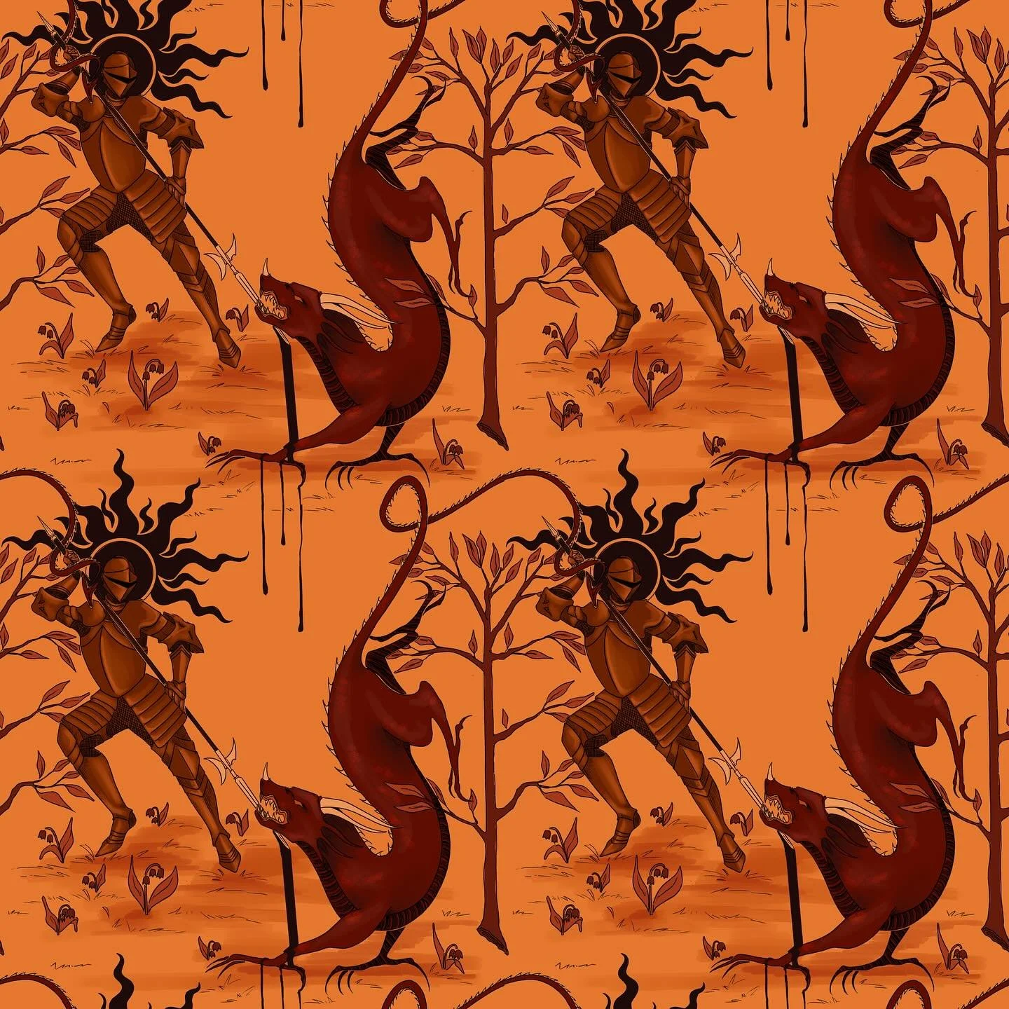 Medieval woodcut inspired tiled pattern!

#tilepattern #repeatpattern #medievalwoodcut #knight #knightart #medievalknight #colorpalettes #digitalart #procreate