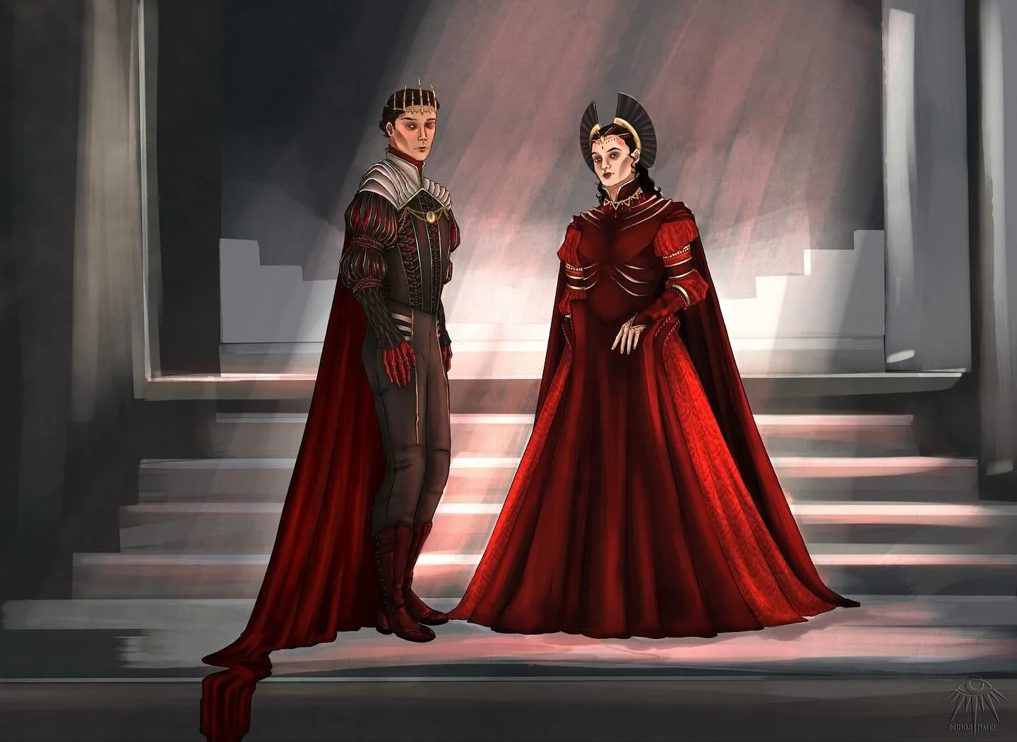 The Lord &amp; Lady Macbeth

Rendering for my surrealist art-horror version of Macbeth as part of my undergrad thesis.
Set shortly after their ascension to the throne and the decay of their choices starts to become visible; the crown of finger bones,