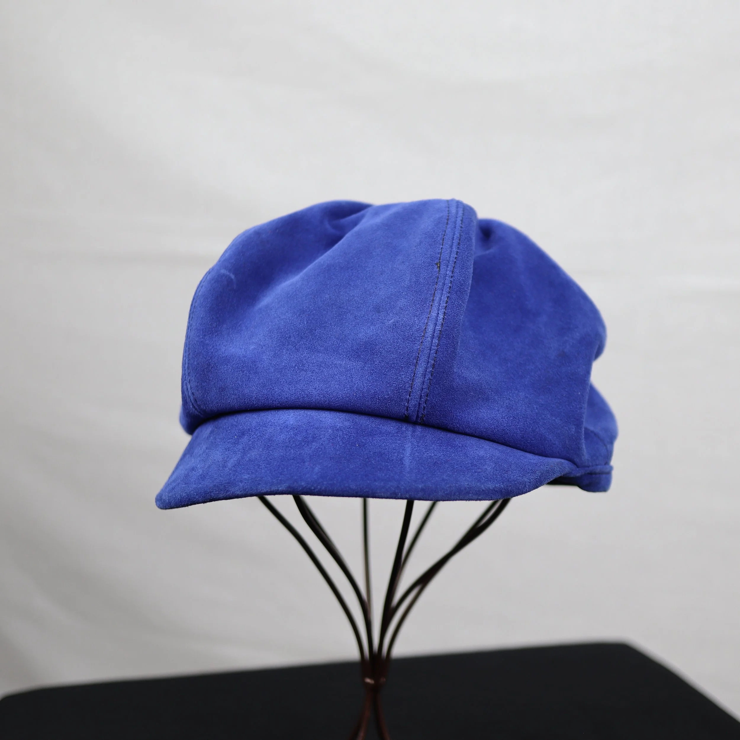 Baker's Cap prototype - front (blue suede, black full grain leather)