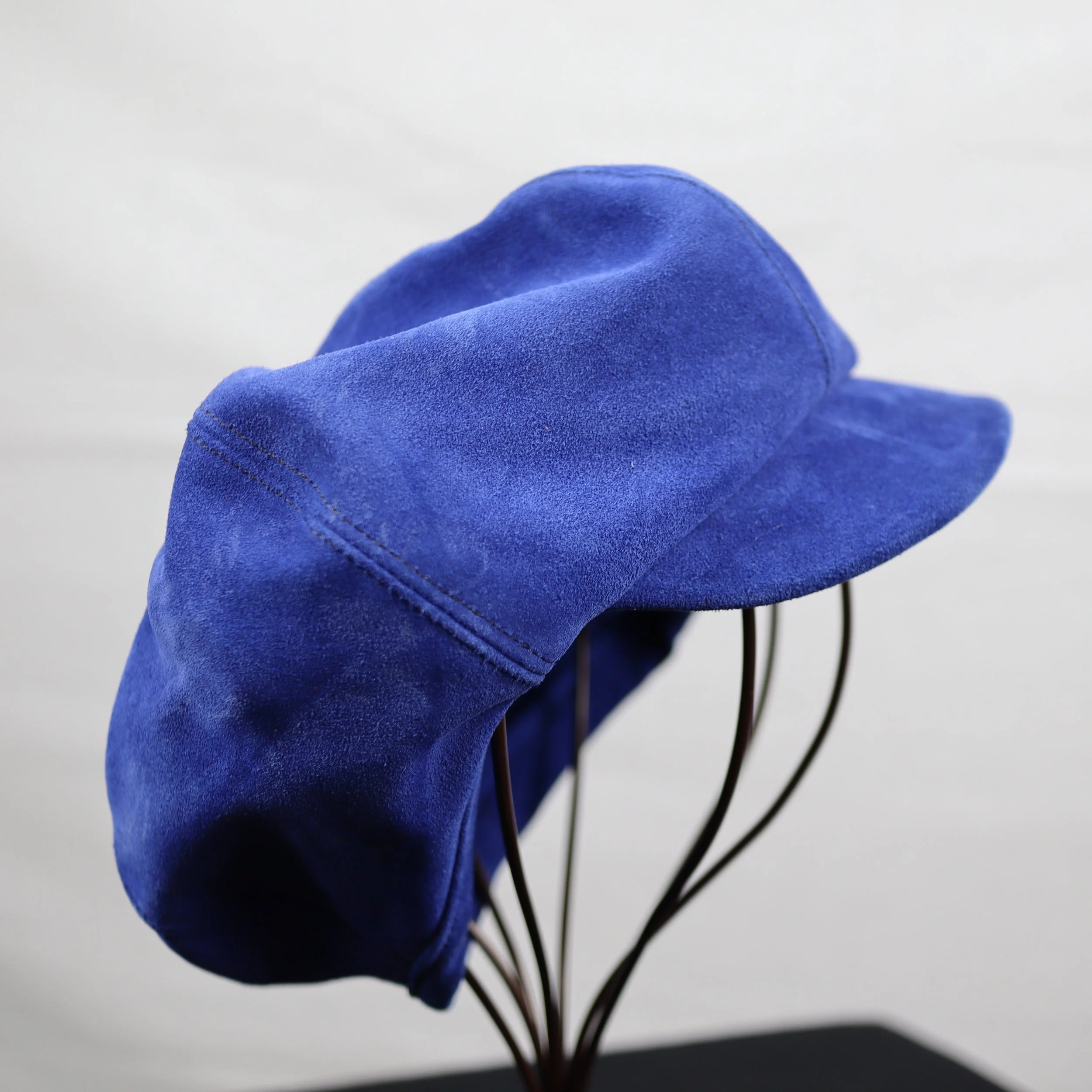 Baker's Cap prototype - side (blue suede, black full grain leather)