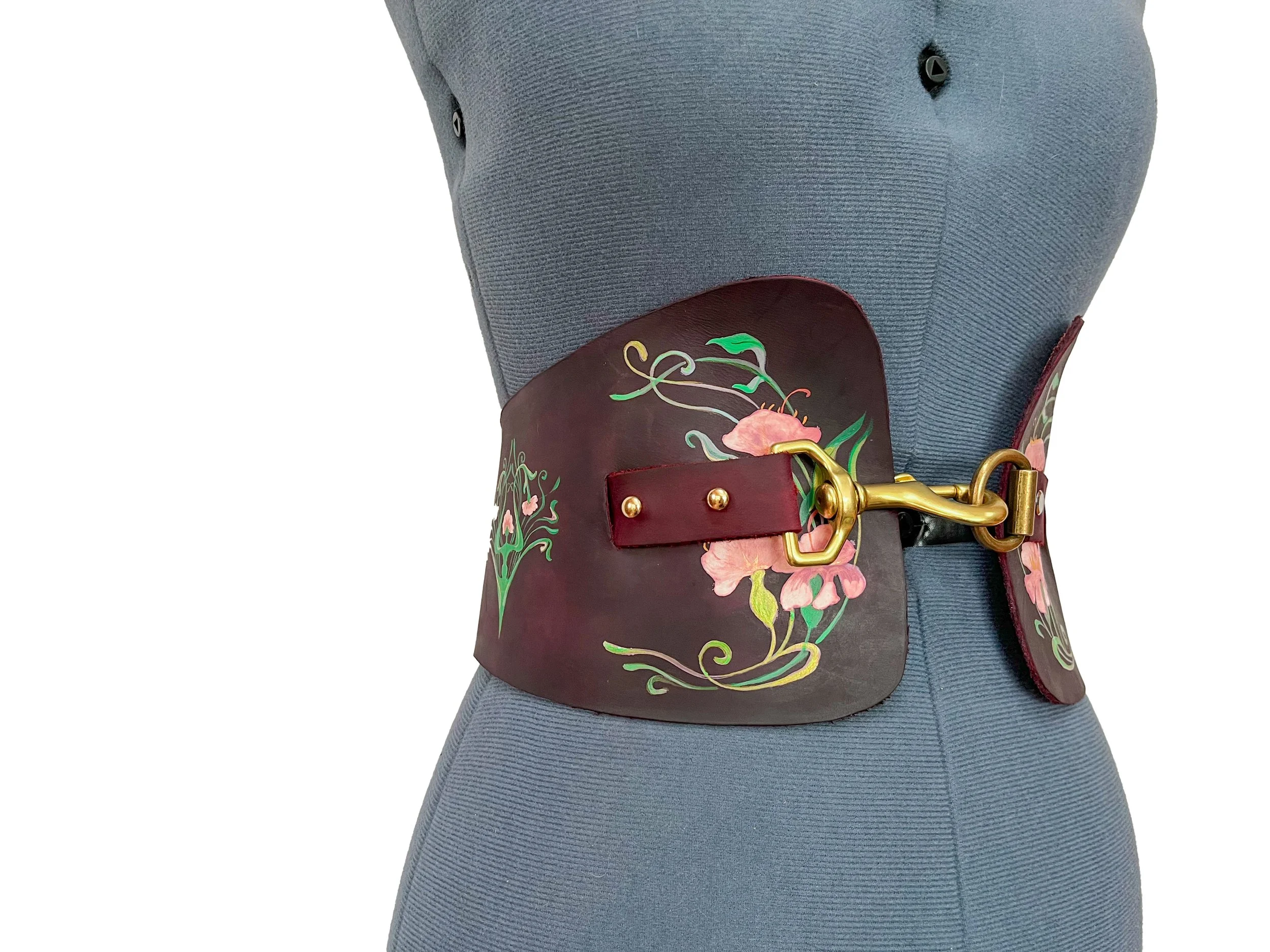 Nouveau Belt - 3/4 view (Full grain leather, hand dyed and hand painted)