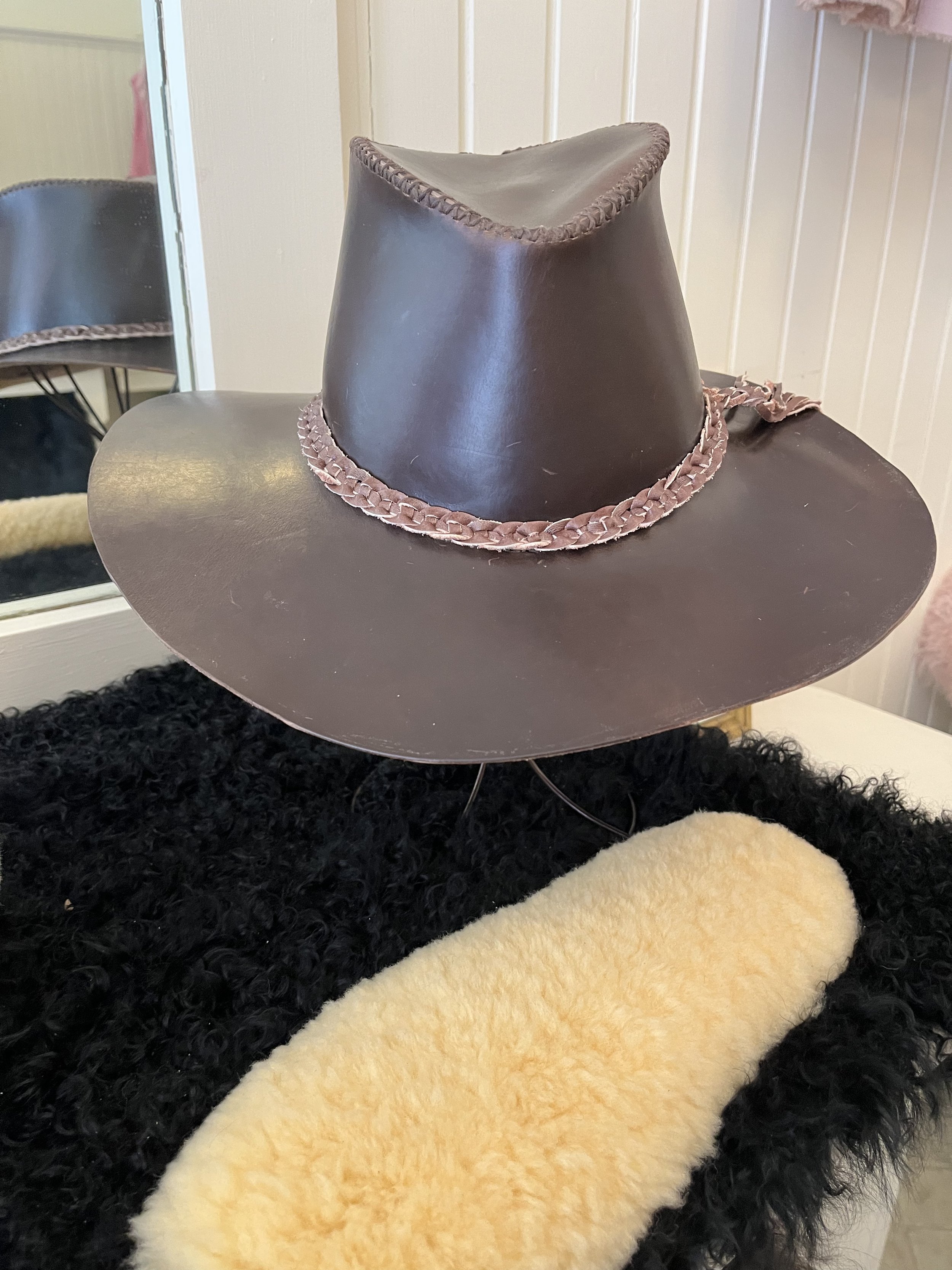 Hand laced leather cowboy hat; prototype (full grain leather) March '23