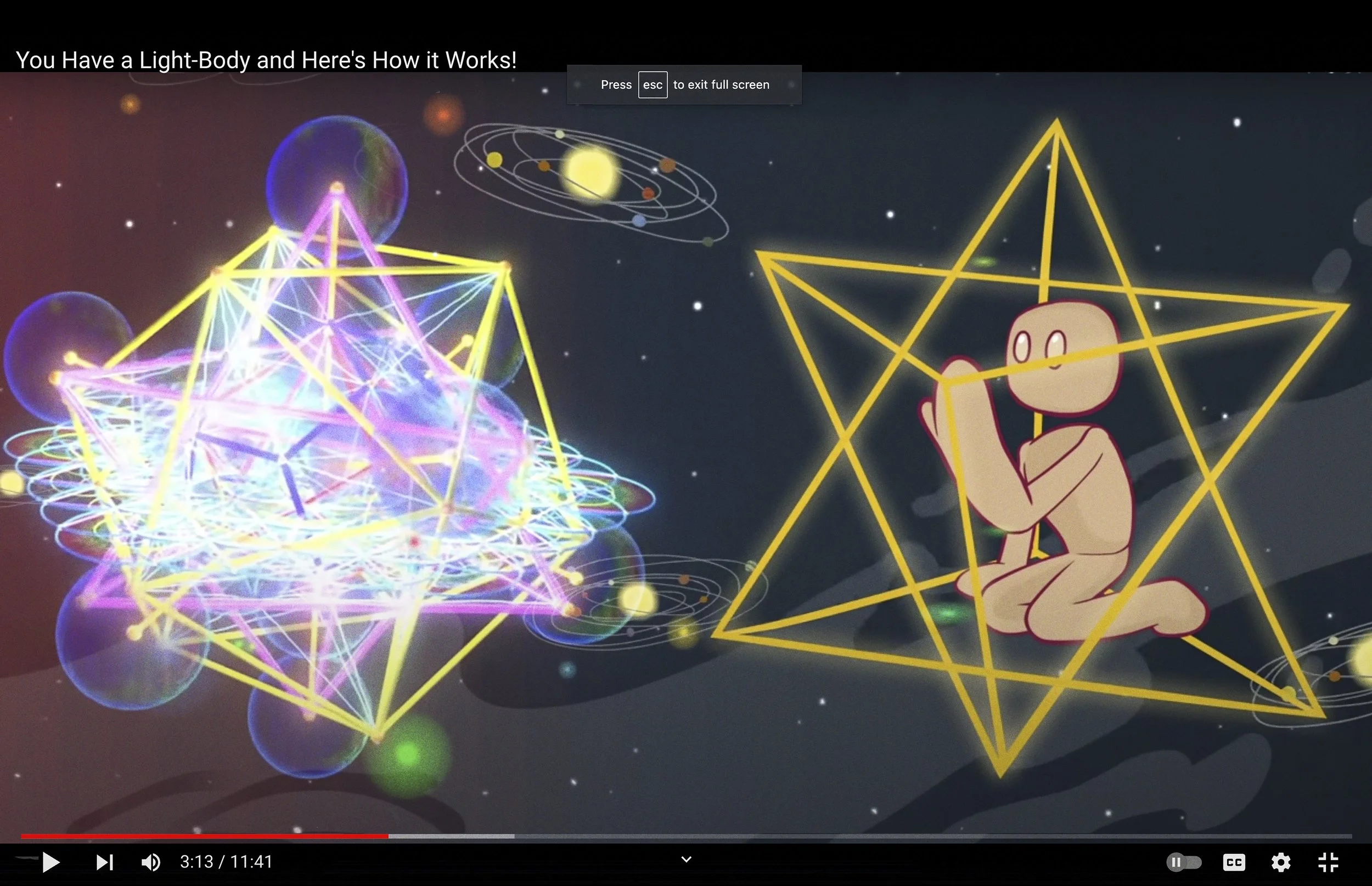 A digital illustration showing a cartoon character sitting inside a large star outline, with geometric shapes and colorful glowing patterns around, representing the concept of a light body.