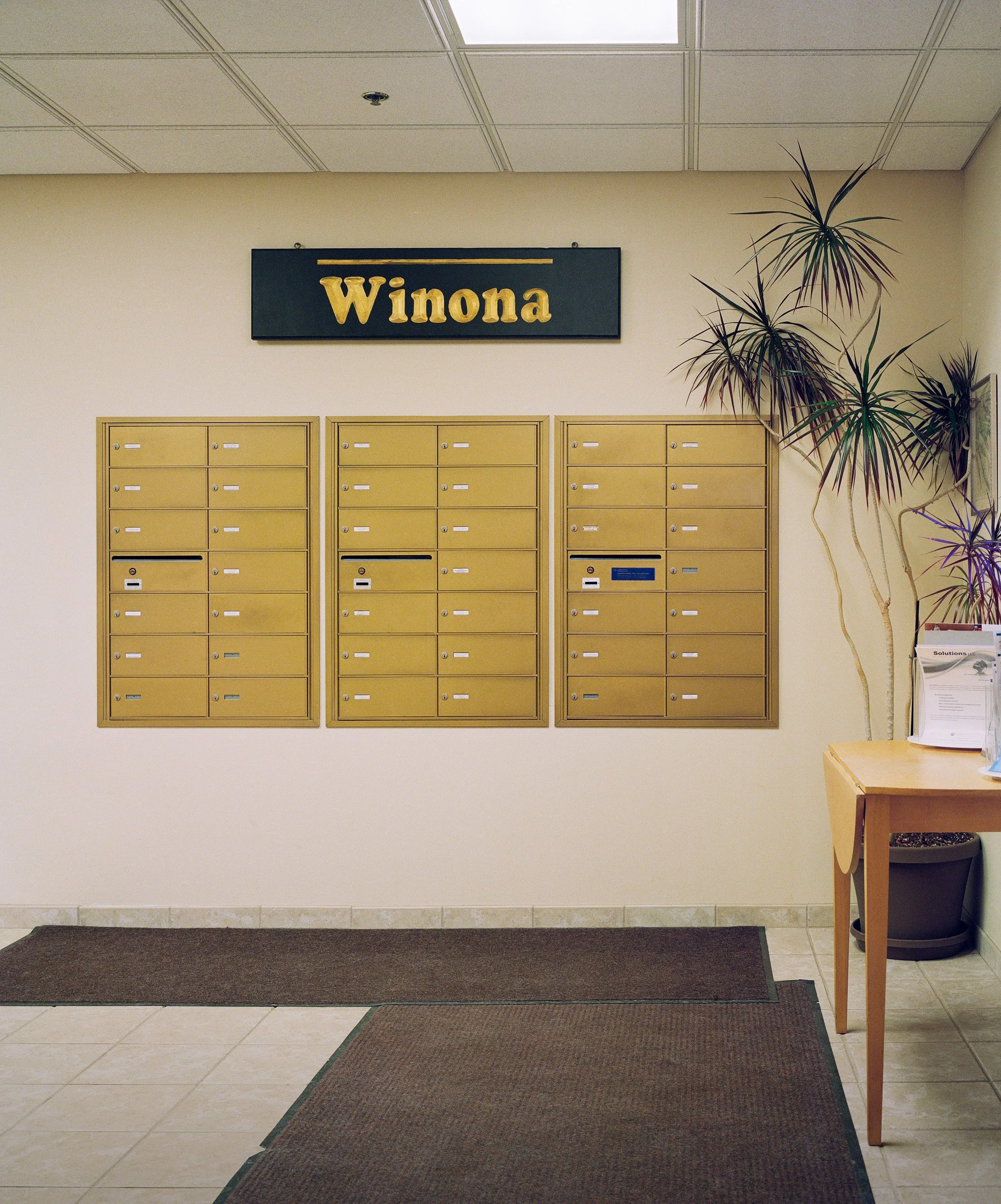 Bank of yellow mailboxes with a black "Winona" sign above, a potted plant to the right, and a small wooden table with brochures in the corner.