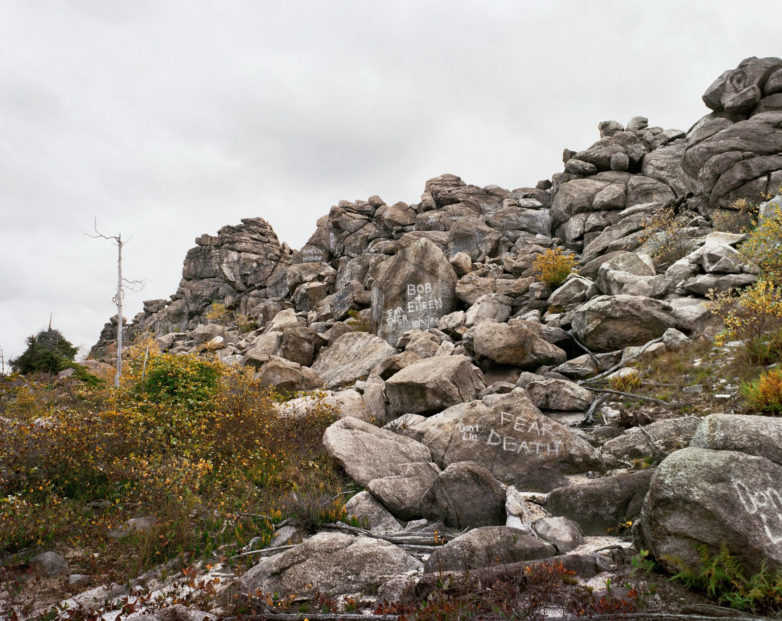 A rocky hillside with large boulders, some of which are painted with white graffiti messages like "BOB & EILEEN" and "FEAR death." There is sparse vegetation and an overcast sky above.