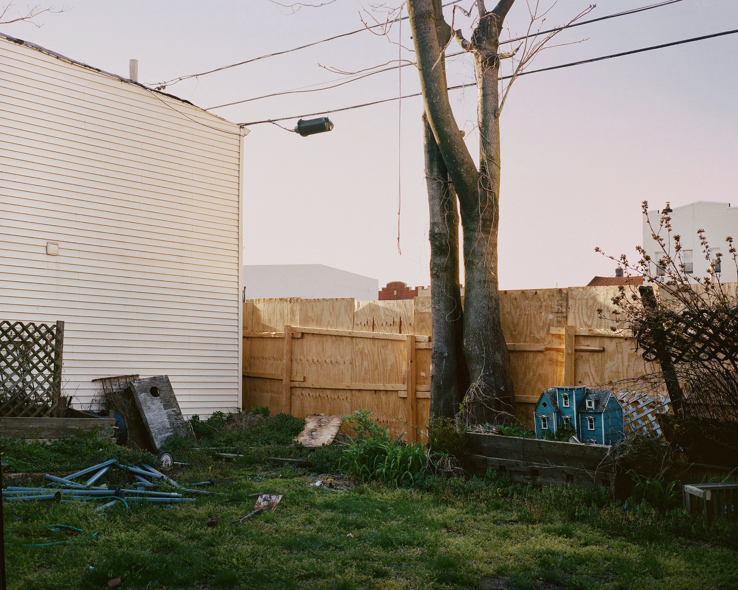 A backyard with a large tree, a wooden fence, a blue dollhouse, and gardening tools on the grass, next to a white house and a neighboring cityscape in the background.