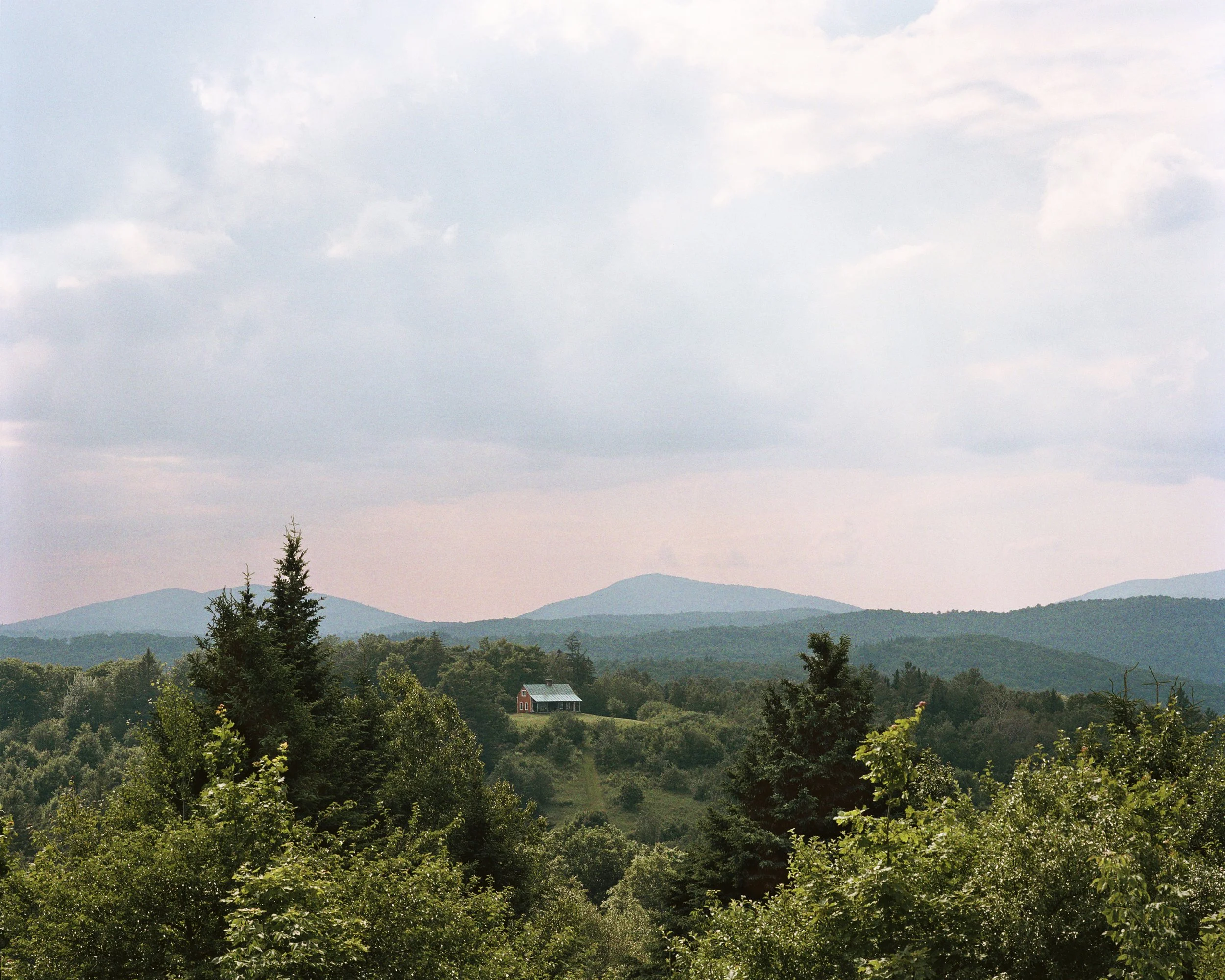 Scenic view of rolling green hills, dense trees, and mountains in the background under a cloudy sky.