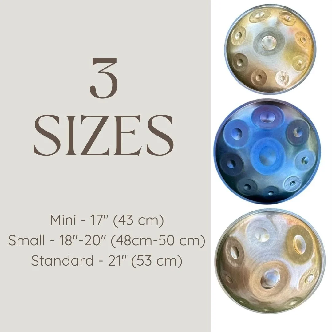 3 sizes of handpans with dimensions for mini, small and standard