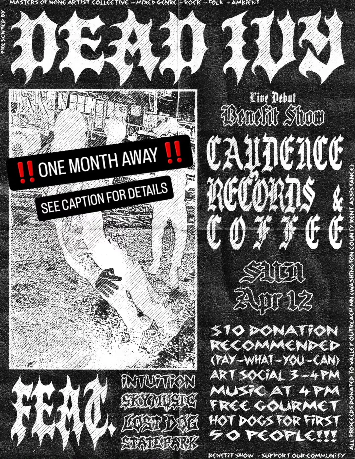 We are officially one month out from our benefit show at Caydence Records &amp; Coffee on April 12th! Come support local music and our community, ALL PROCEEDS will be donated to Valley Outreach, helping Washington county residents with rent assistanc