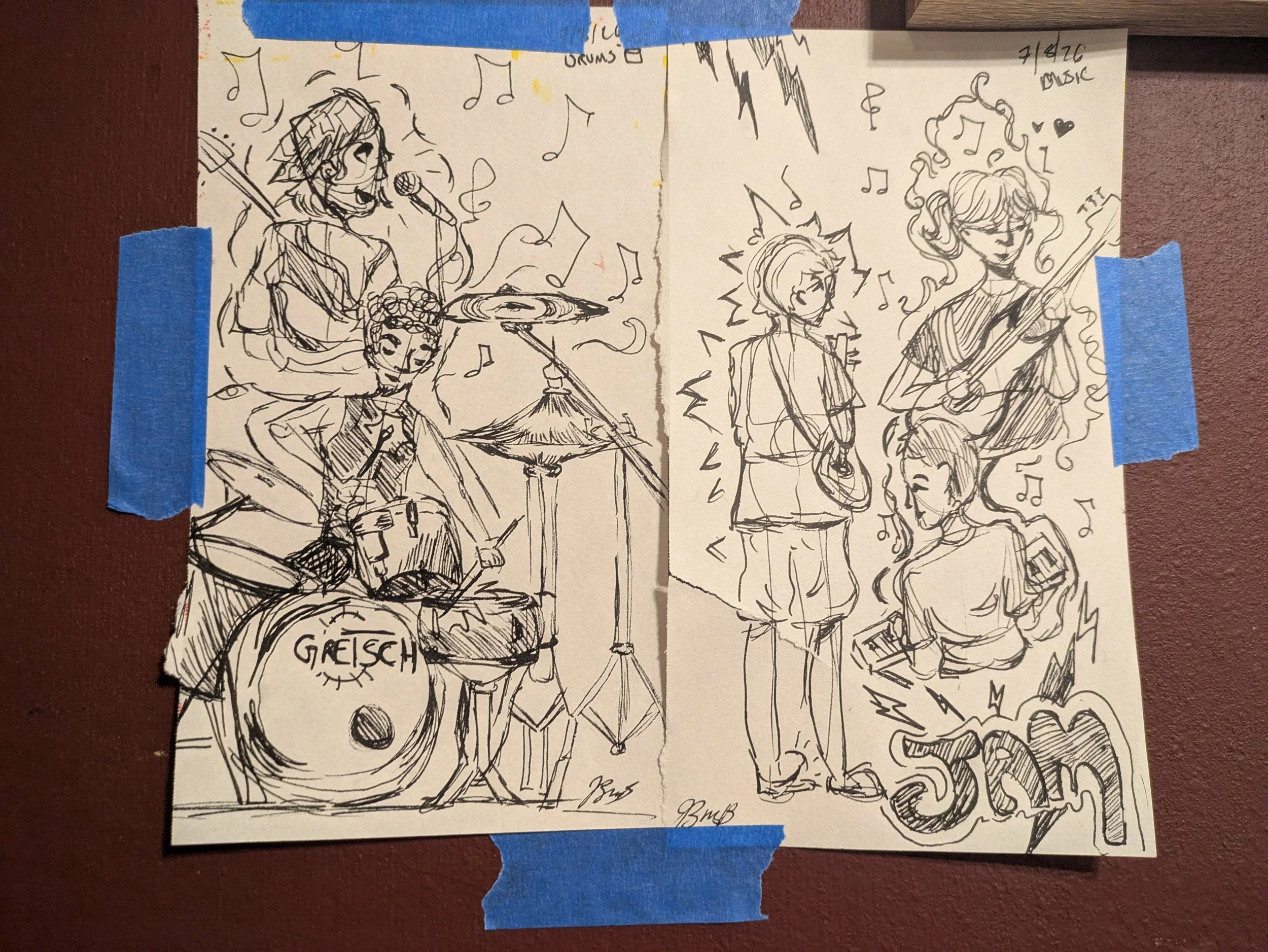 Line drawing of a band with a drummer, a person with cat ears singing into a microphone, and two other musicians playing guitar and keyboard, surrounded by musical notes.