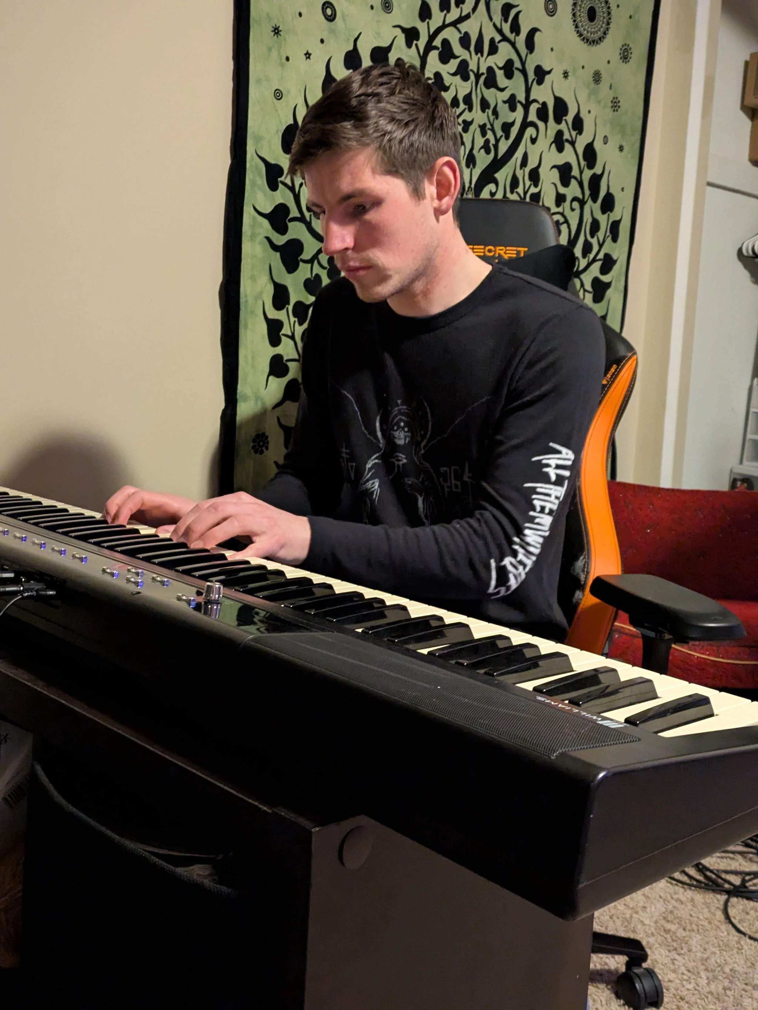 A young man with short brown hair playing a keyboard at home. He is seated in an orange and black gaming chair. In the background, there is a green tapestry with a black tree and various circular patterns. A small part of a white wall and a beige car