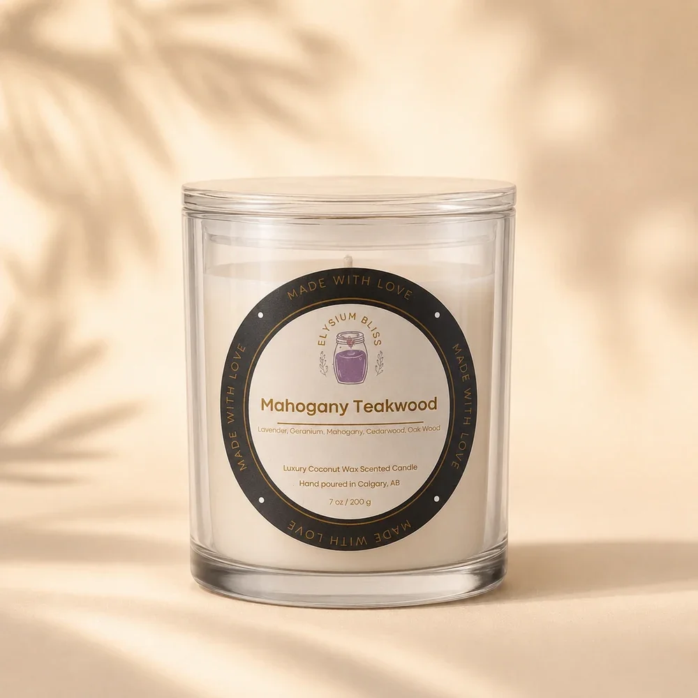 Mahogany Teakwood coconut wax candle by Elysium Bliss, hand poured in Calgary.