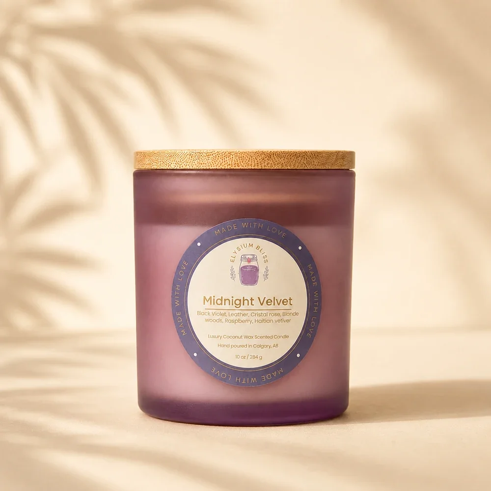 Midnight Velvet coconut wax candle by Elysium Bliss, hand poured in Calgary