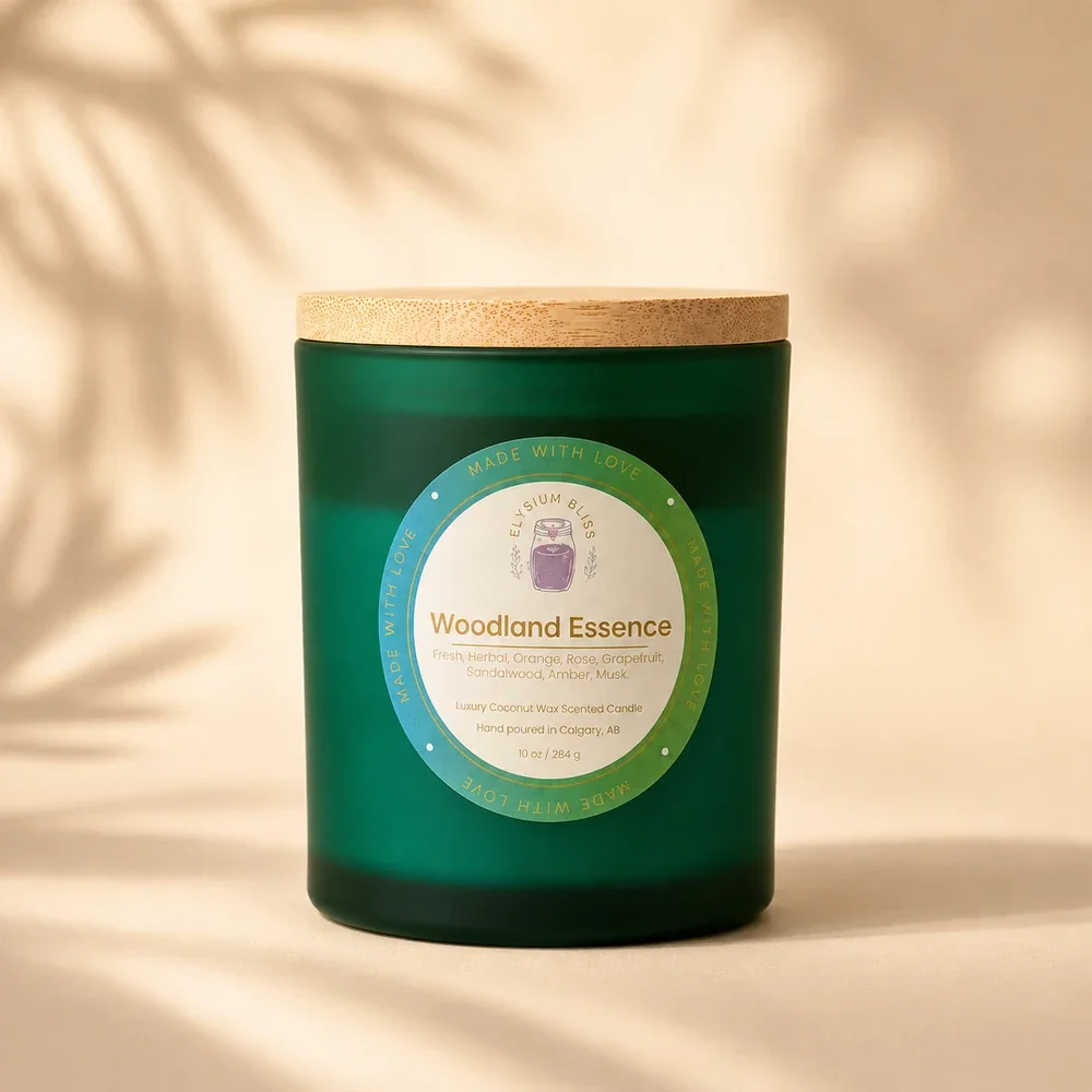 Woodland Essence coconut wax candle by Elysium Bliss, hand poured in Calgary.